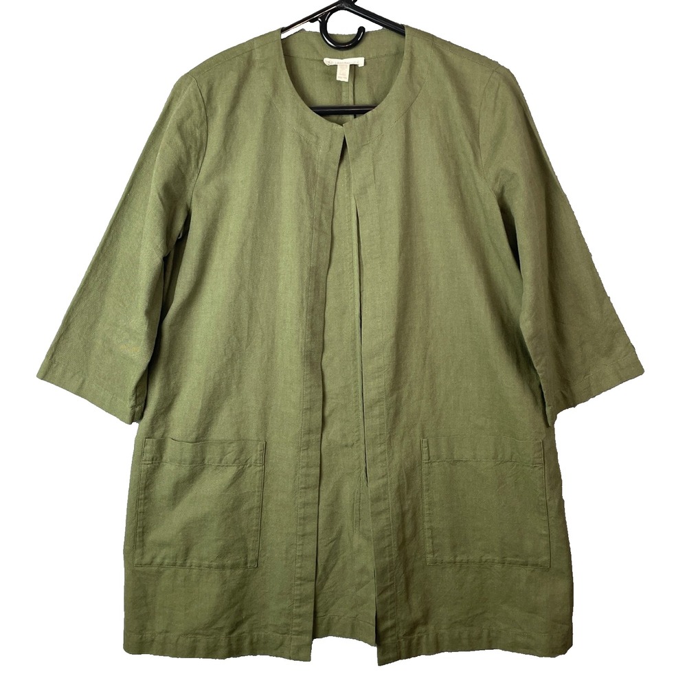 Eileen Fisher Jacket Womens XXS Green Organic Cotton Open Front Lightweight Coat